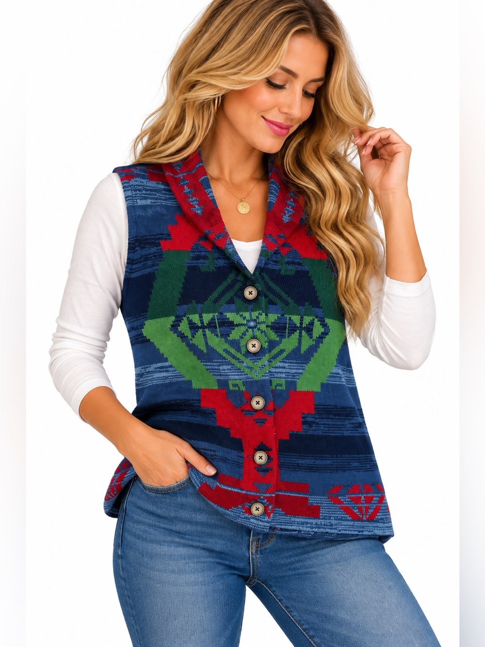 Chaps Southwestern Aztec Knit Button Front Sweater Vest Blue Red Green XL